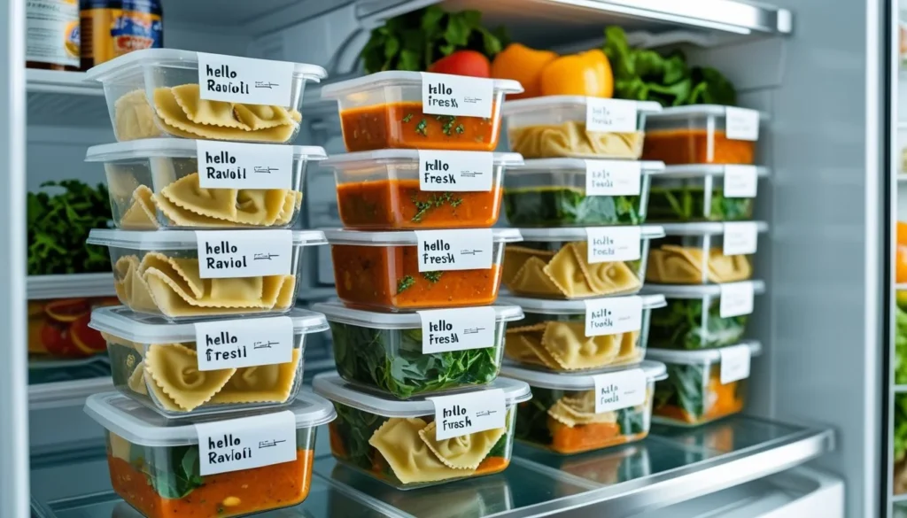 Leftover Hello Fresh Ravioli stored in the refrigerator.