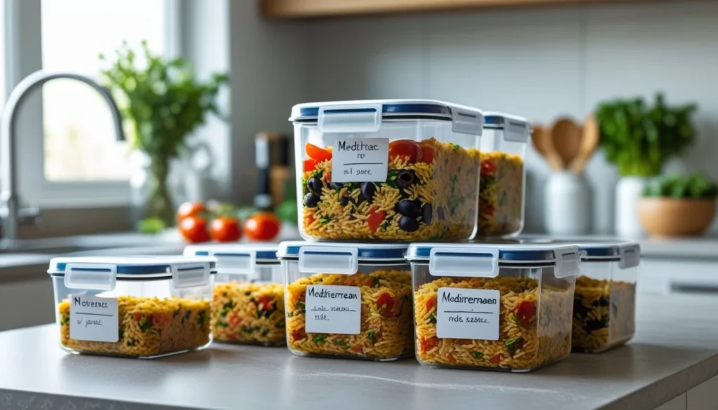 Airtight containers filled with Mediterranean rice leftovers, labeled and stored in a kitchen.