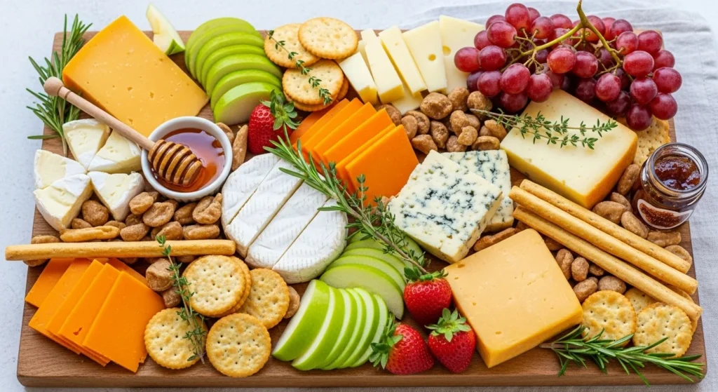 A colorful cheese platter featuring different types of sliced cheese, crackers, and fruits.