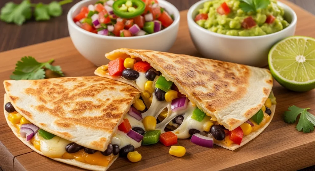 A quesadilla filled with melted sliced cheese, served with salsa and guacamole.