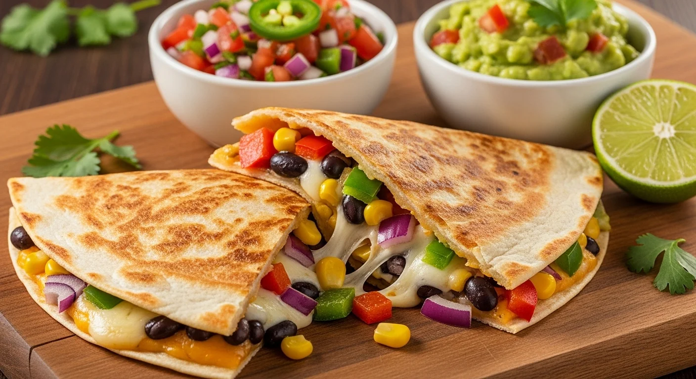 A quesadilla filled with melted sliced cheese, served with salsa and guacamole.