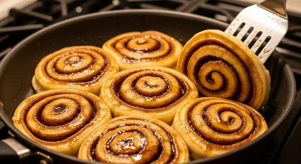 Cinnamon roll pancakes cooking in a non-stick skillet.