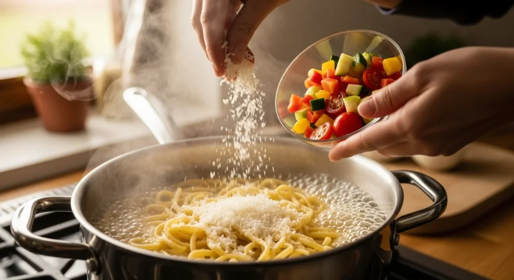 A pot of boiling pasta with colorful chopped veggies and grated cheese being sprinkled on top.
