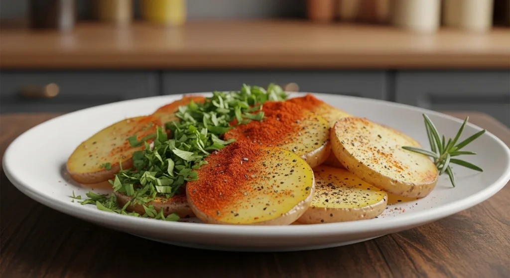 A plate of boiled sweet potatoes garnished with herbs and spices.