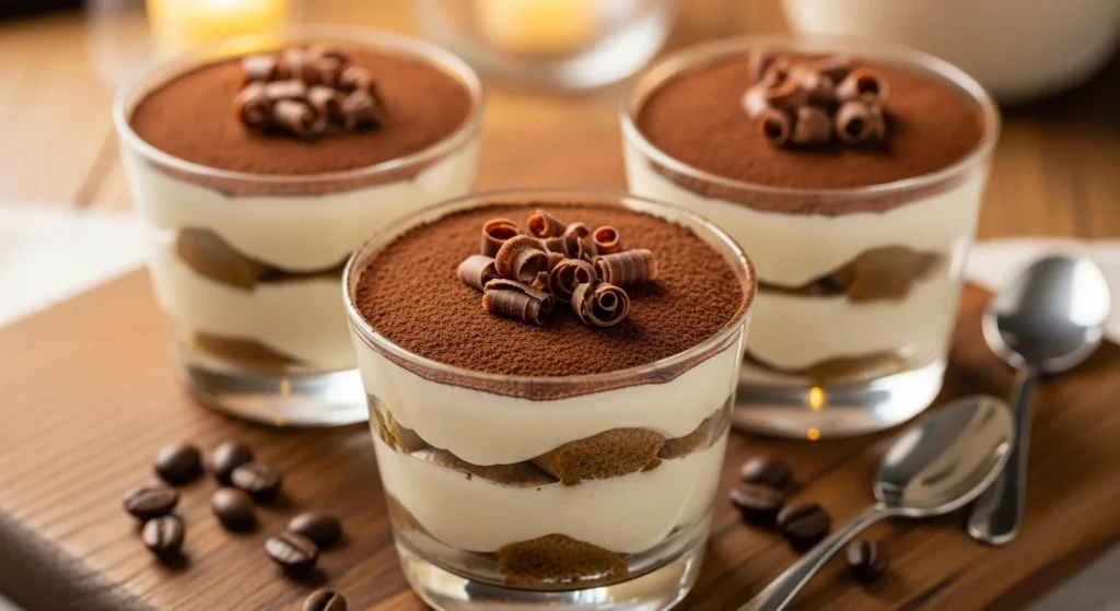 Deliciously layered tiramisu cups garnished with cocoa powder.