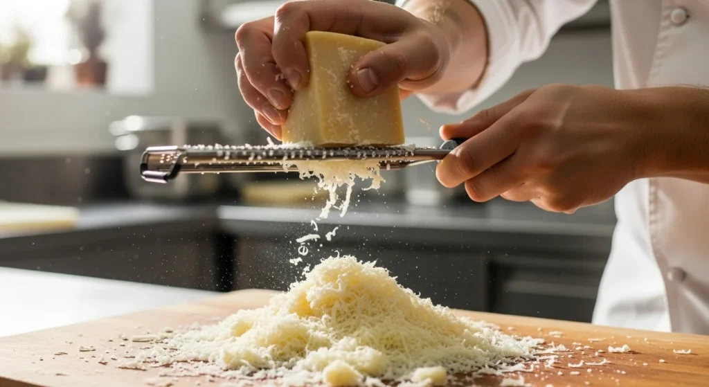 A chef grating fresh cheese with a focus on the texture and freshness.
