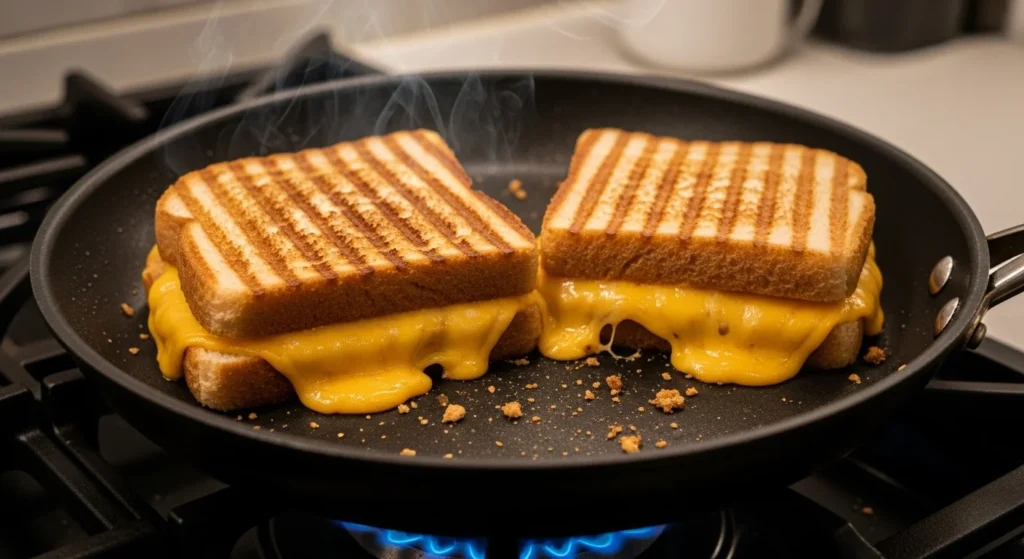 A sandwich being grilled with melted sliced cheese in a skillet.