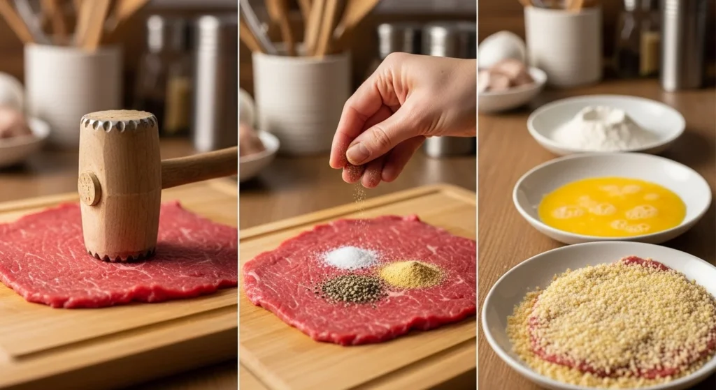 Step-by-step process of preparing Beef Milanesa with tenderized beef, breading station, and frying pan.