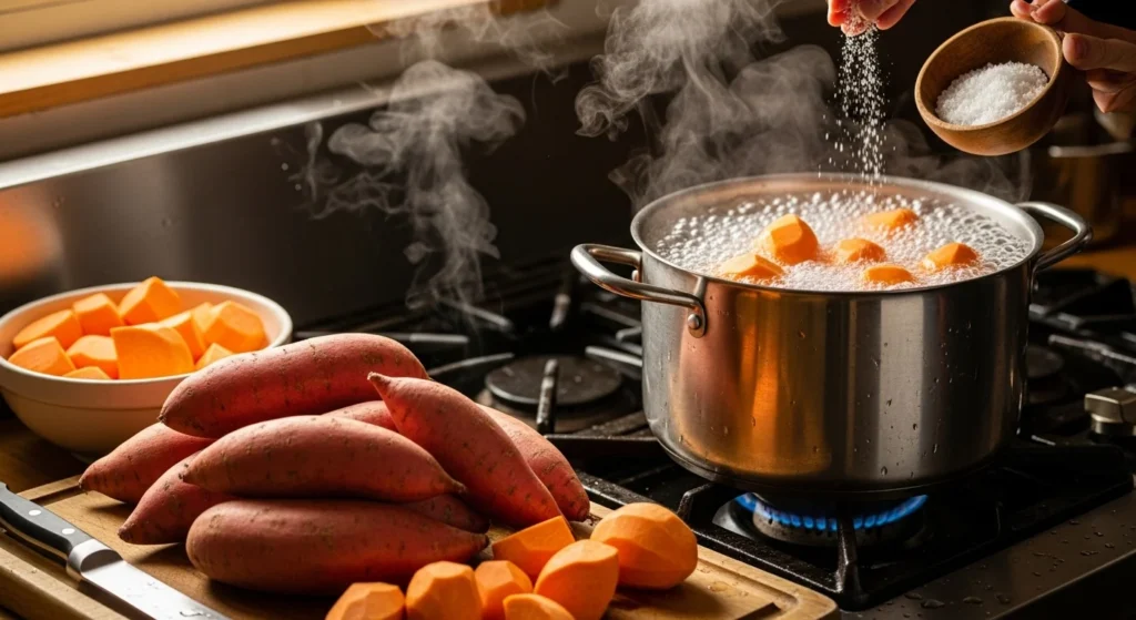 A step-by-step guide to making boiled sweet potatoes, featuring fresh ingredients and cooking process.