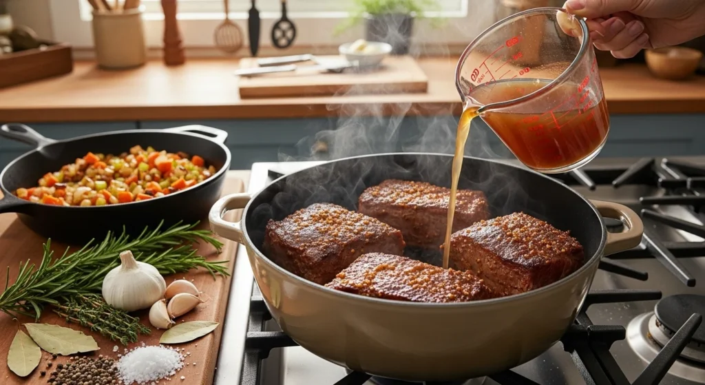 A step-by-step cooking process for boneless short ribs, showcasing ingredients and preparation steps.