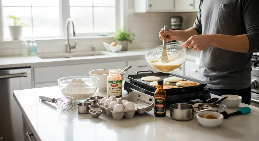 A person preparing cinnamon roll pancakes with ingredients on the kitchen counter.