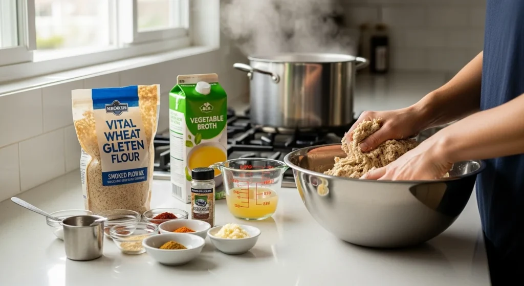 A step-by-step process of making seitan with ingredients displayed in a bright kitchen.