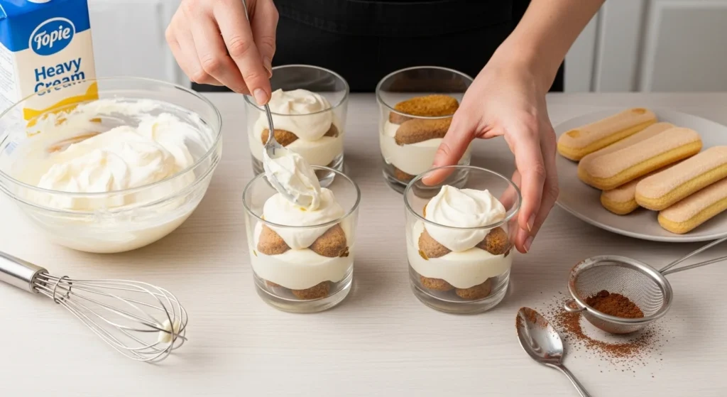 Step-by-step process of making tiramisu cups with ingredients and layering.