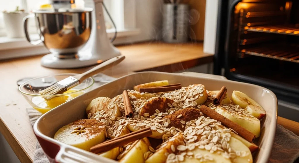 A warm apple cinnamon dish being prepared with fresh ingredients in a cozy kitchen.
