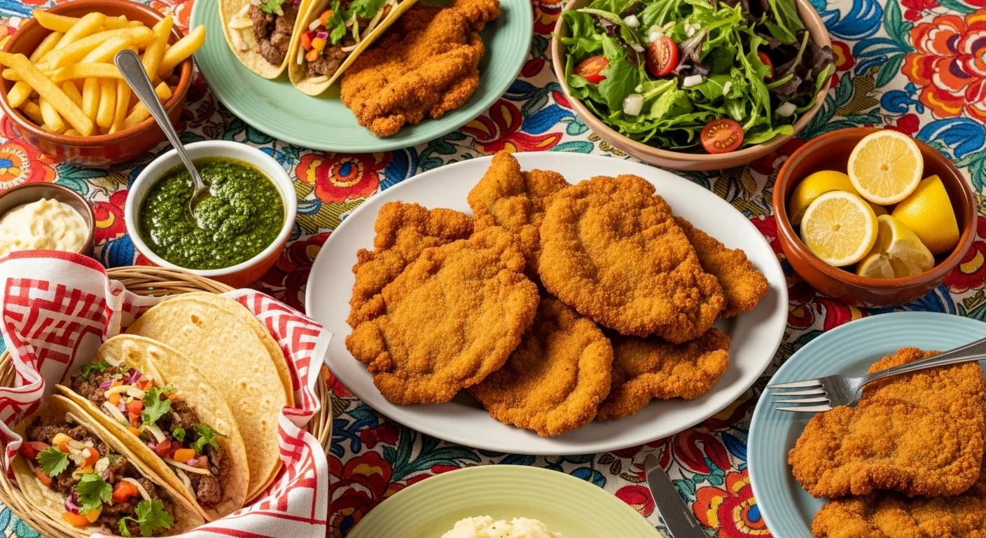 Serving suggestions for Beef Milanesa with chimichurri and salad.