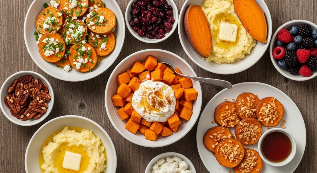 Different serving suggestions for boiled sweet potatoes.
