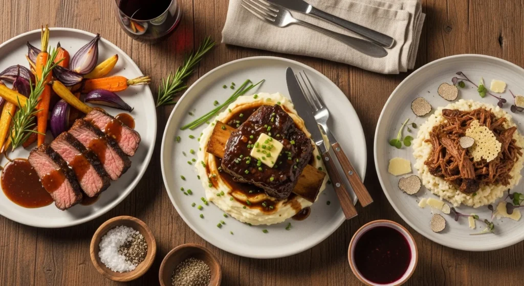 Serving suggestions for boneless short ribs with various sides.