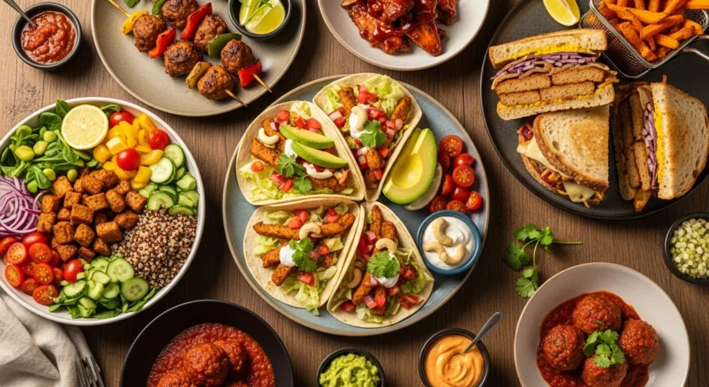Different serving ideas for seitan displayed on a table.