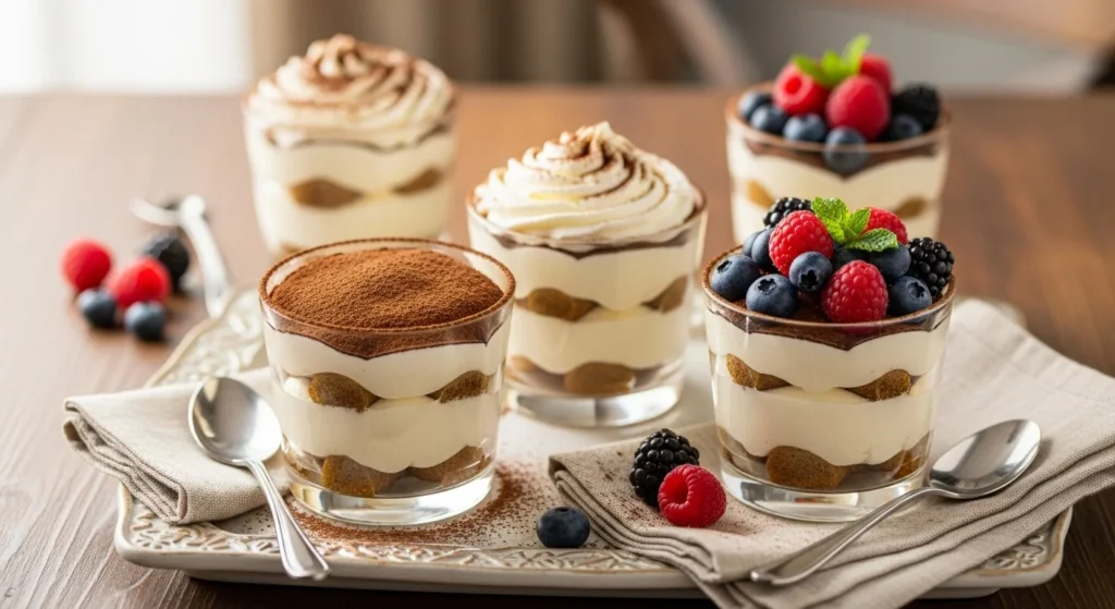 Serving suggestions for tiramisu cups with garnishes.