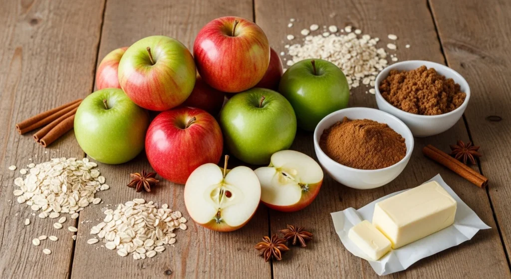 Ingredients for apple cinnamon recipe displayed on a wooden countertop.
