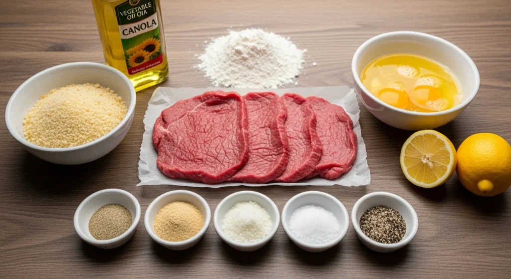 Ingredients for Beef Milanesa displayed on a wooden table.