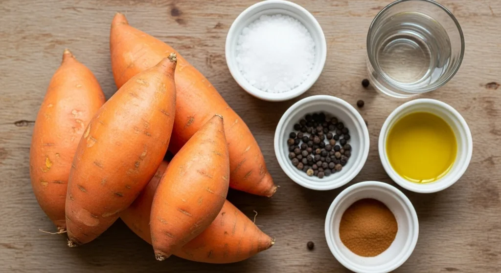 Ingredients for boiled sweet potatoes displayed on a wooden table.