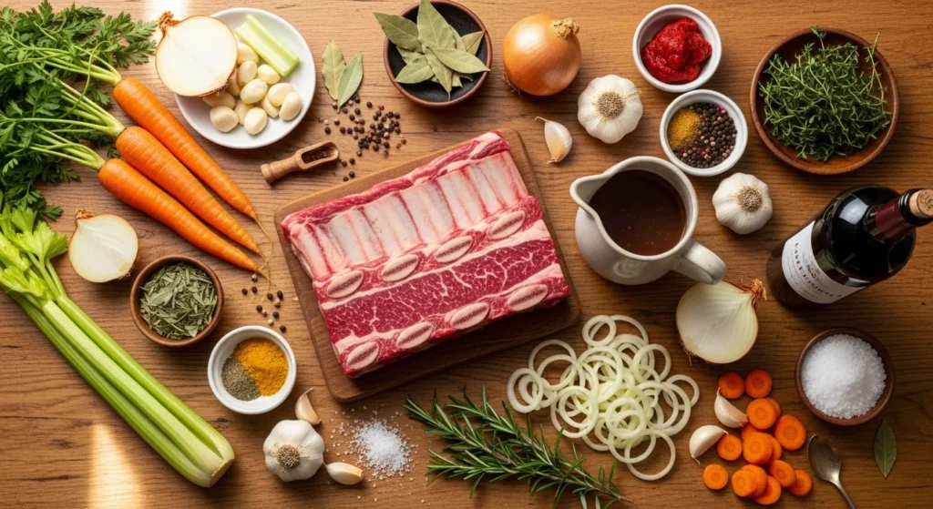 Ingredients for boneless short ribs displayed on a wooden table.