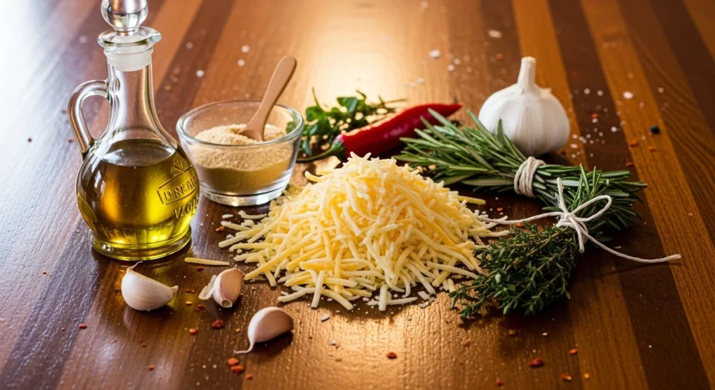 An array of ingredients for a cheesy recipe including grated cheese, olive oil, garlic powder, and fresh herbs.