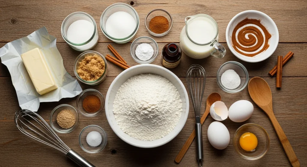 Ingredients for cinnamon roll pancakes displayed on a wooden table.