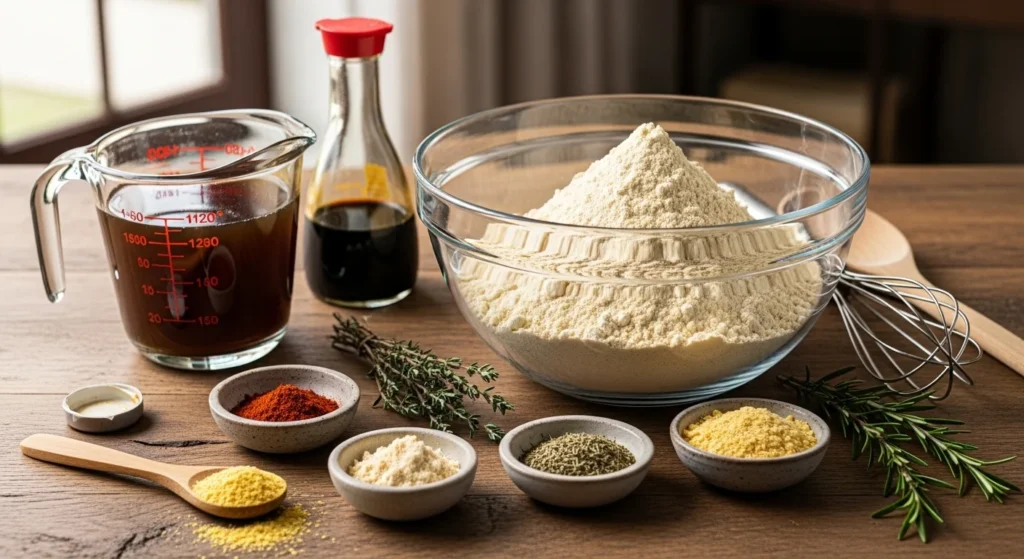 Ingredients for seitan recipe displayed on a wooden countertop.