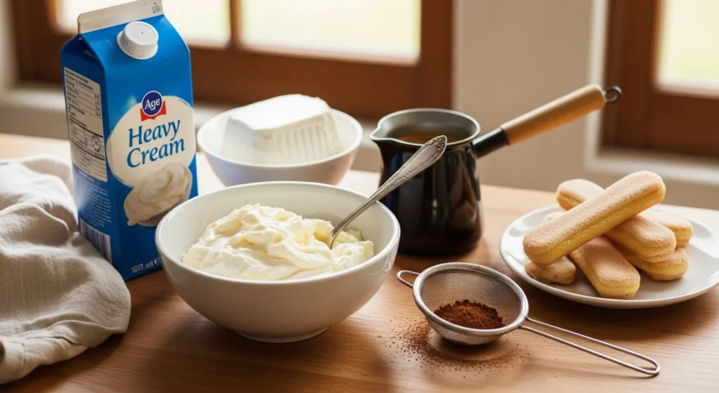 Ingredients for making tiramisu cups displayed on a kitchen counter.