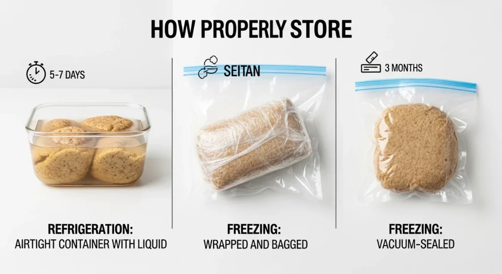 Proper storage methods for seitan displayed with visuals.