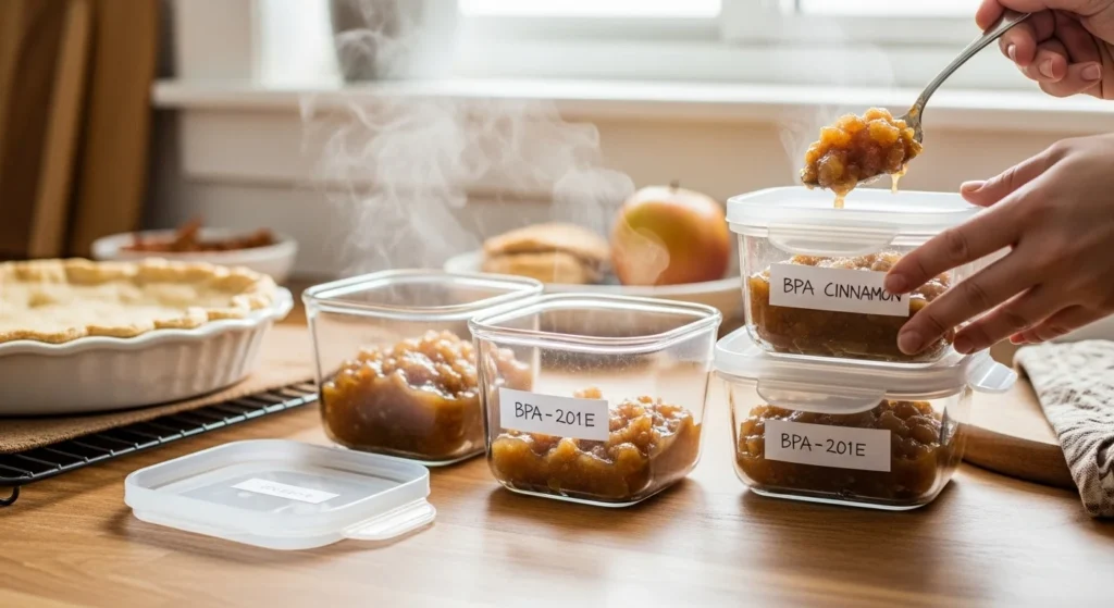 Storing and freezing apple cinnamon leftovers in airtight containers.