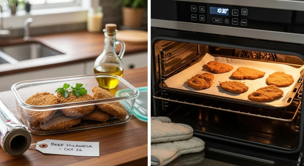 Storage and reheating tips for Beef Milanesa leftovers.