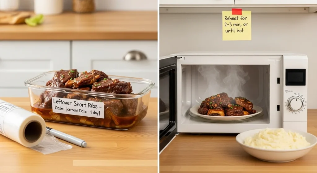 Storage and reheating tips for leftover boneless short ribs.