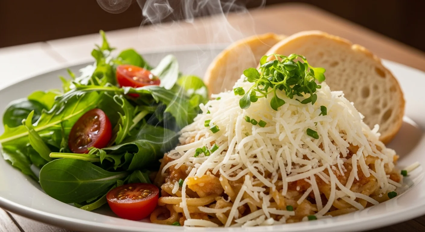 A beautifully plated dish with grated cheese, fresh salad, and crusty bread.