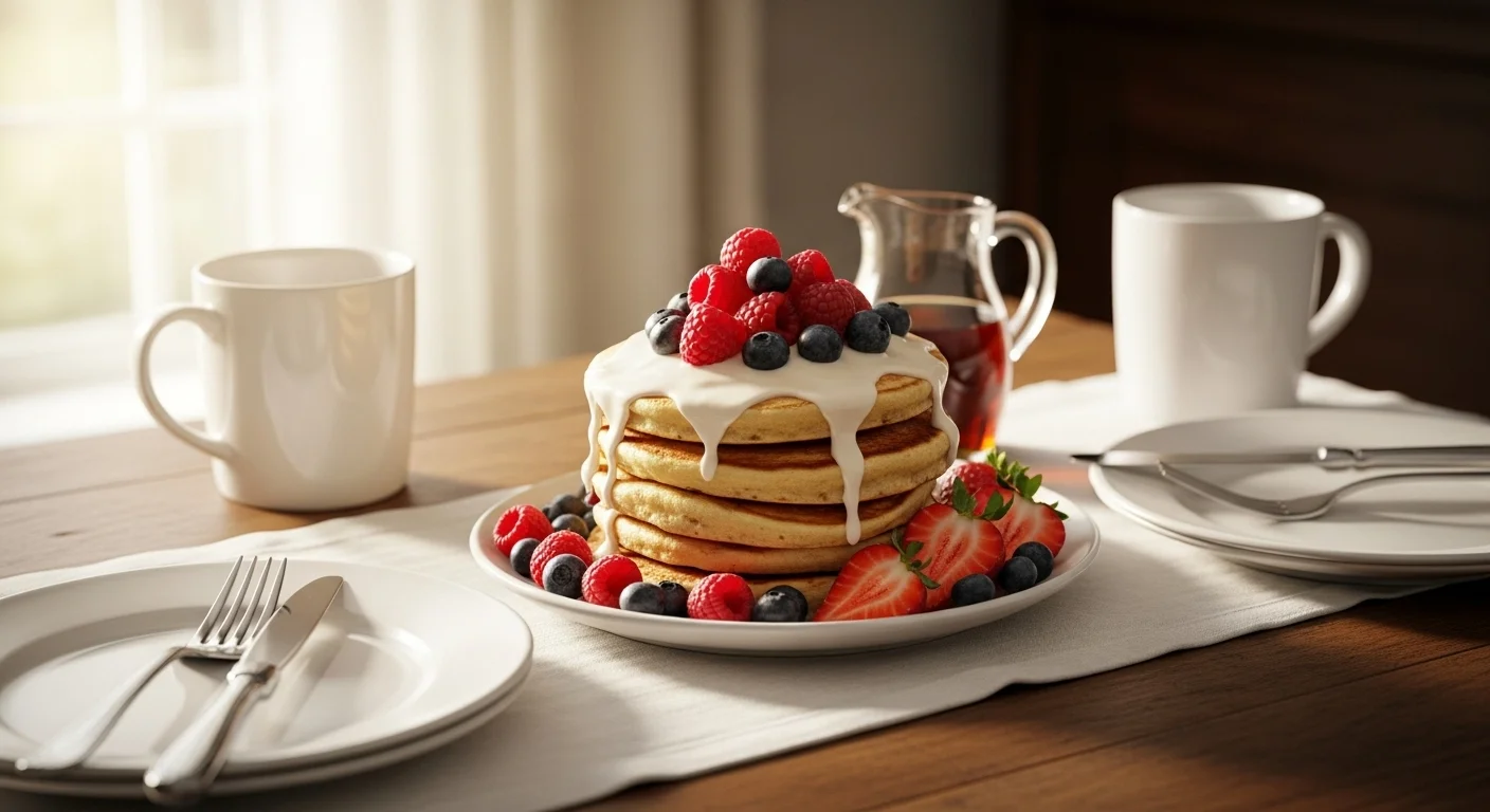 A breakfast table with cinnamon roll pancakes and fresh berries.