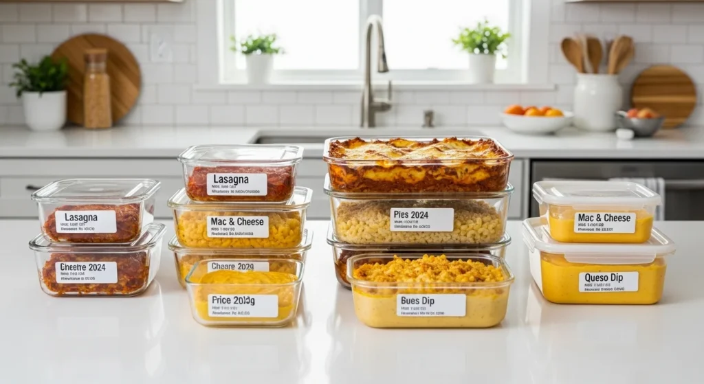 Well-organized kitchen with labeled containers of cheesy leftovers.