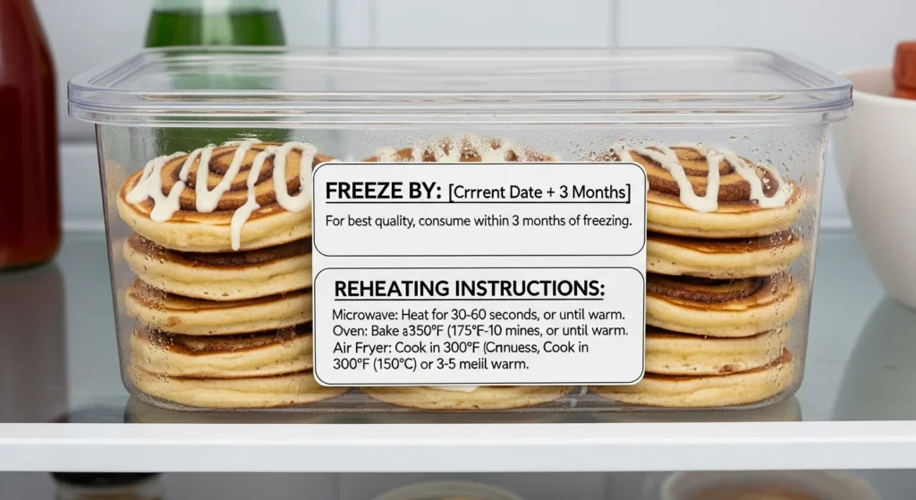 Cinnamon roll pancakes stored in an airtight container in the refrigerator.