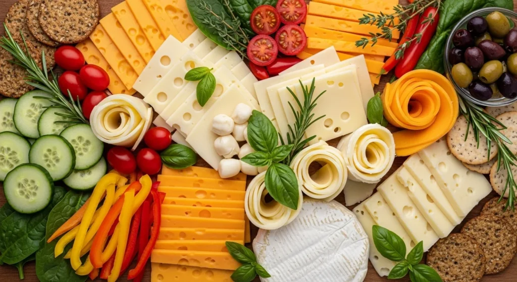 A variety of sliced cheeses with fresh vegetables and herbs.