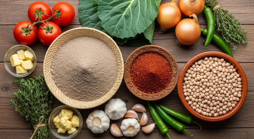 An array of Ethiopian cooking ingredients including teff flour, chickpeas, and spices.