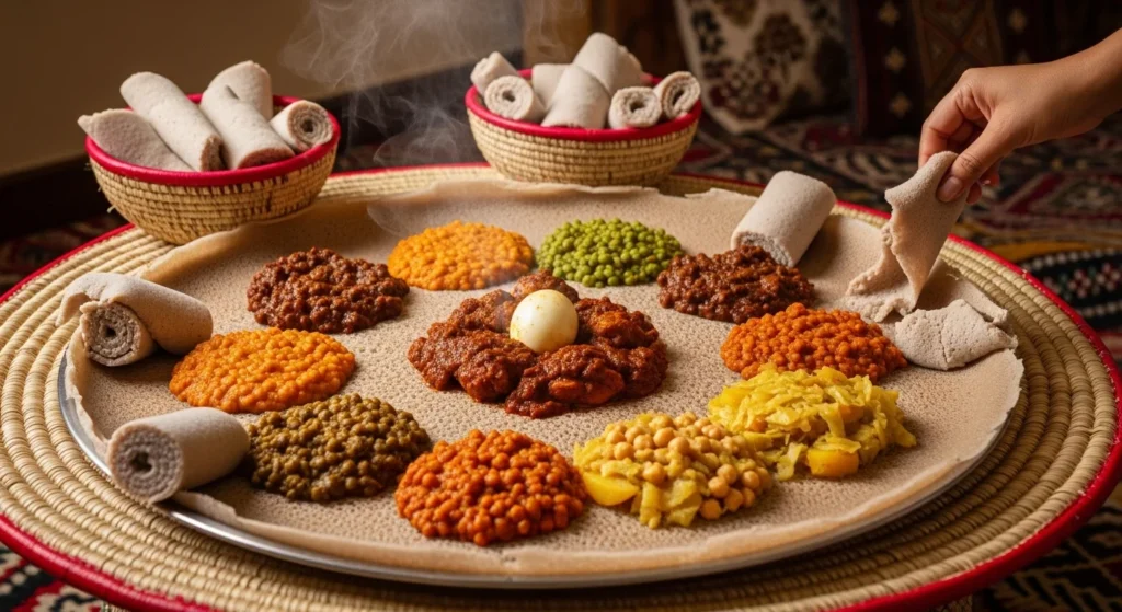 A vibrant Ethiopian feast with injera and assorted stews served on a communal platter.