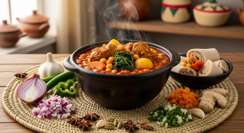 A pot of vibrant Ethiopian stew with fresh vegetables and spices, ready to be served.