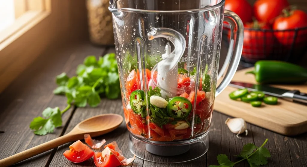 A step-by-step process of making salsa roja with fresh ingredients.