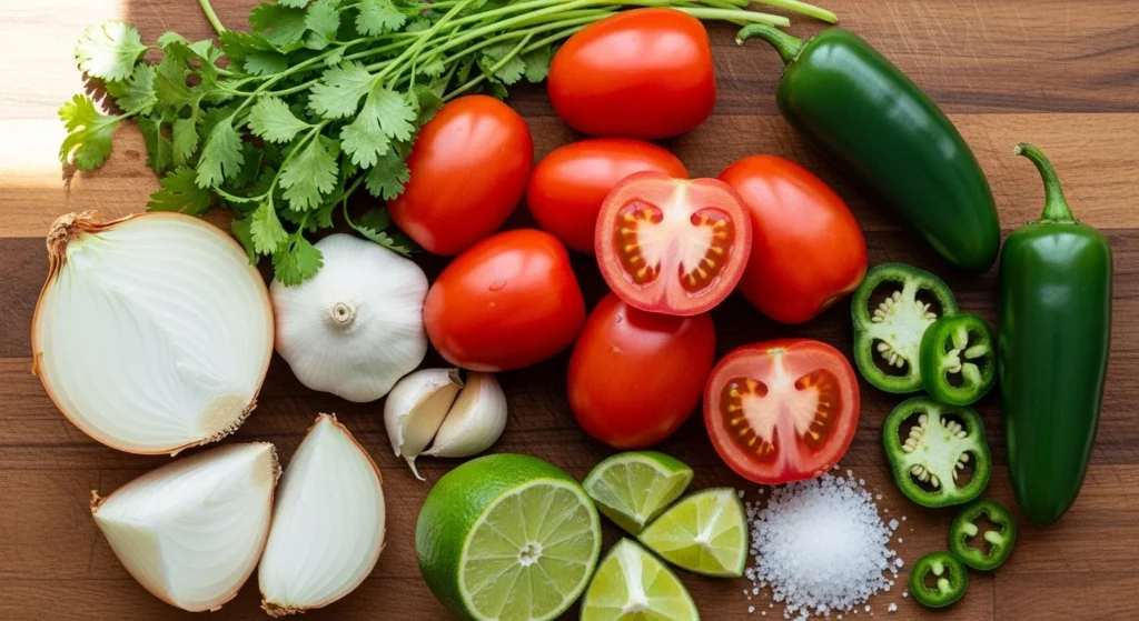 Ingredients for salsa roja displayed beautifully.