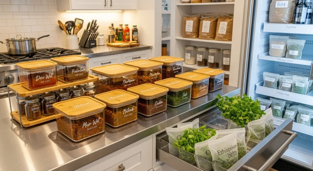 Proper storage of Ethiopian dishes in airtight containers.
