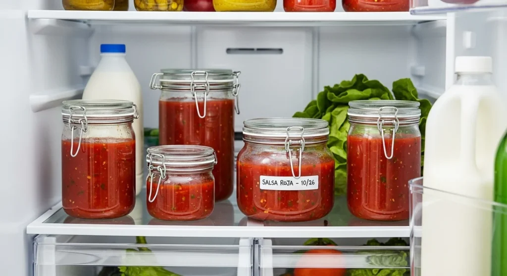 Storage tips for salsa roja in airtight containers.