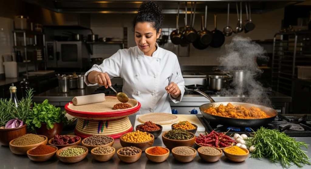 A chef preparing Ethiopian dishes with fresh spices and herbs.