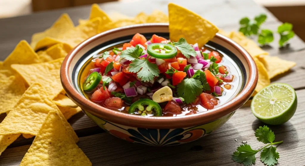 A bowl of fresh salsa roja with tortilla chips.