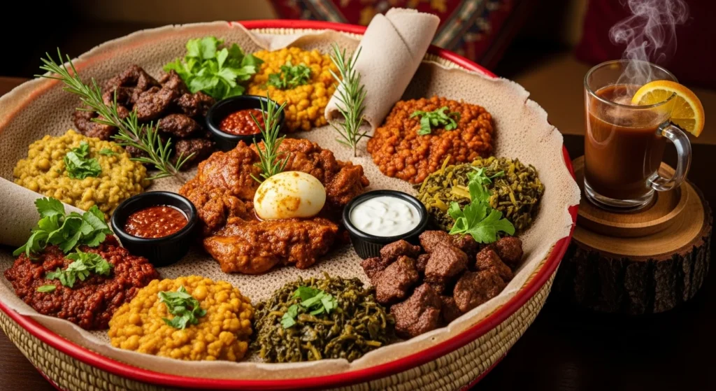 A beautifully served Ethiopian meal with injera, stews, and fresh herbs.